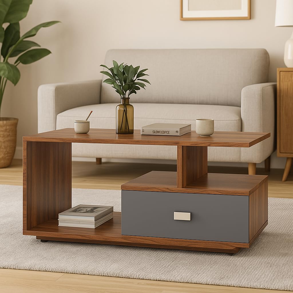 Drave Coffee Table with Drawer – Walnut & Grey