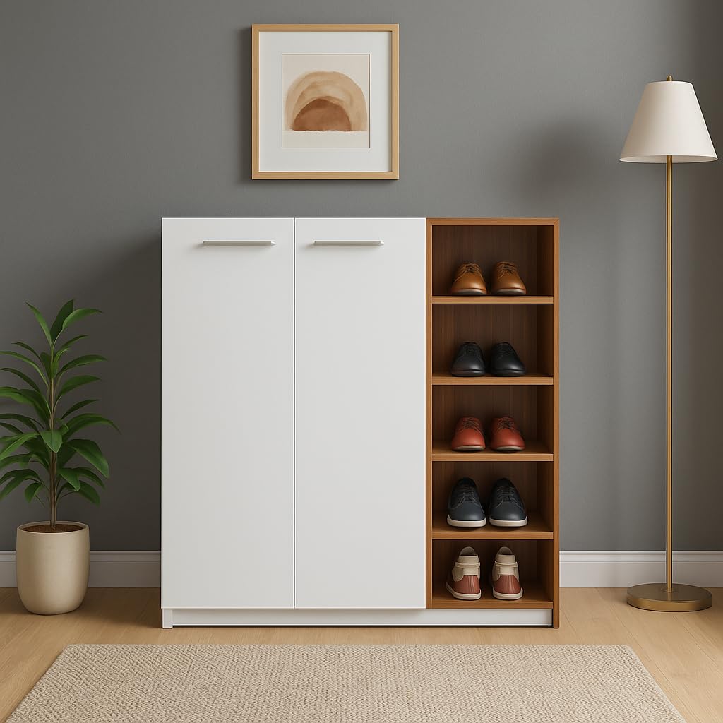 Zuvo Multi-Level Shoe Rack with Cabinet – White & Walnut