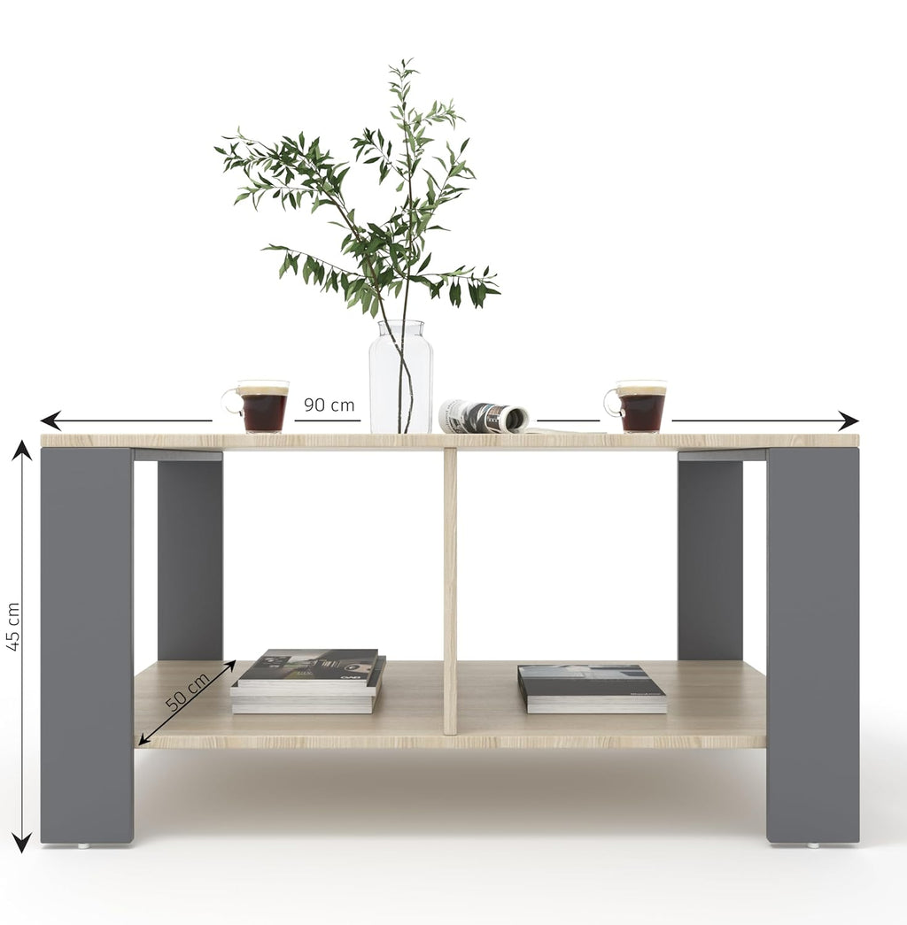 Mivo Coffee Table with Dual Shelf – Acacia Light Grey