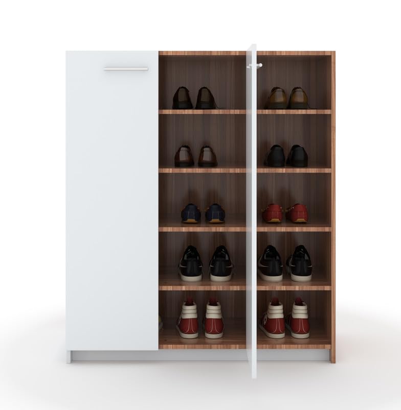 Zuvo Multi-Level Shoe Rack with Cabinet – White & Walnut
