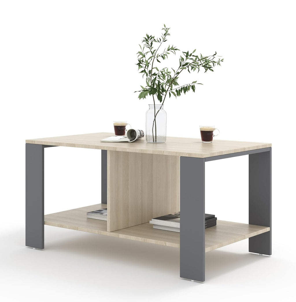 Mivo Coffee Table with Dual Shelf – Acacia Light Grey