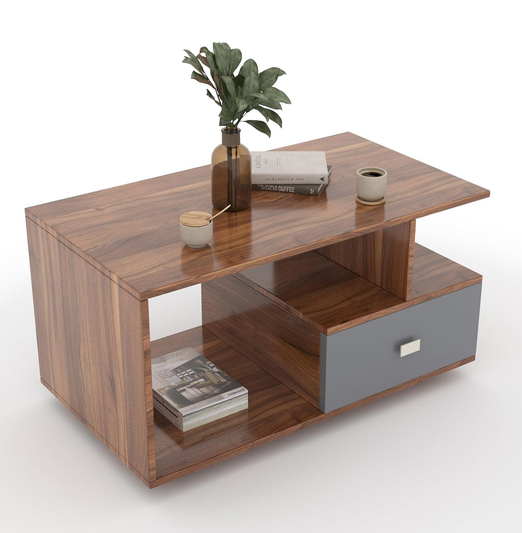 Drave Coffee Table with Drawer – Walnut & Grey