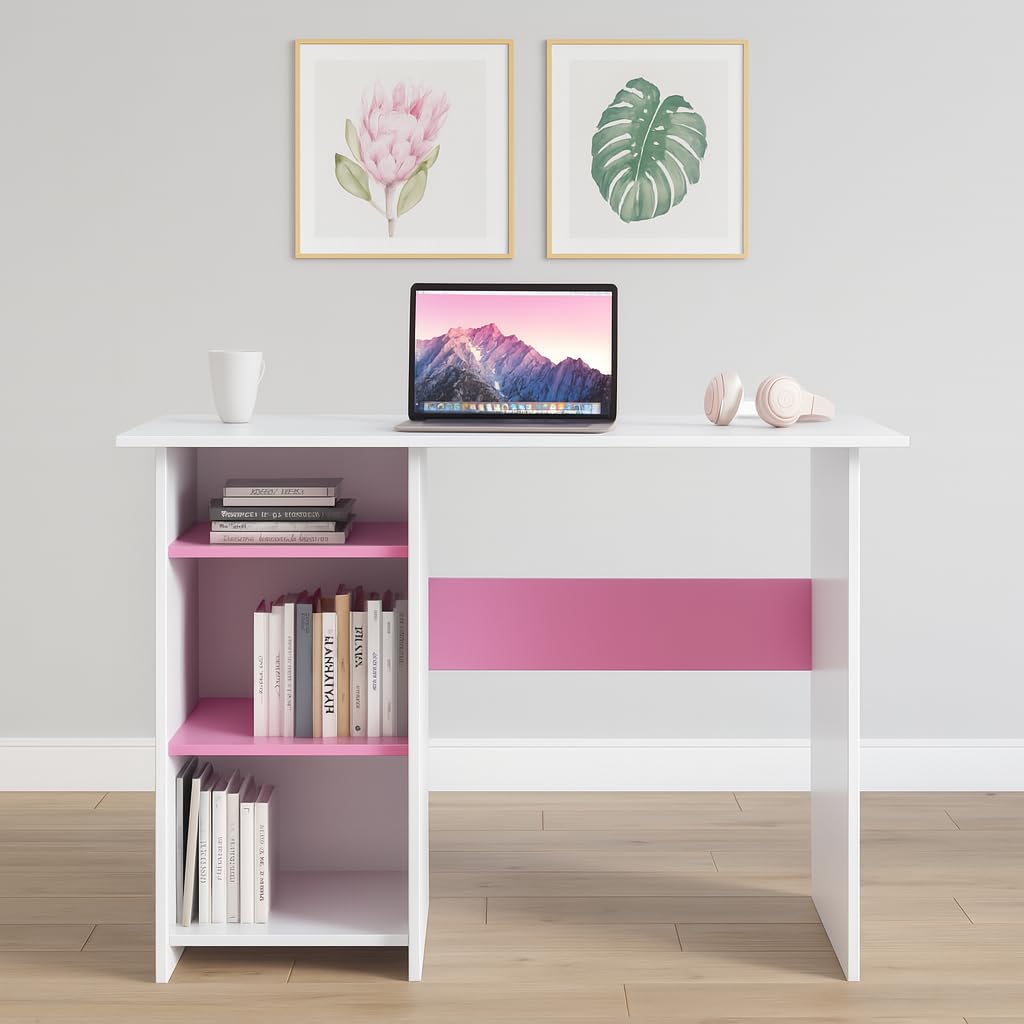 Kids Study Table with 3 Open Shelves – White & Pink