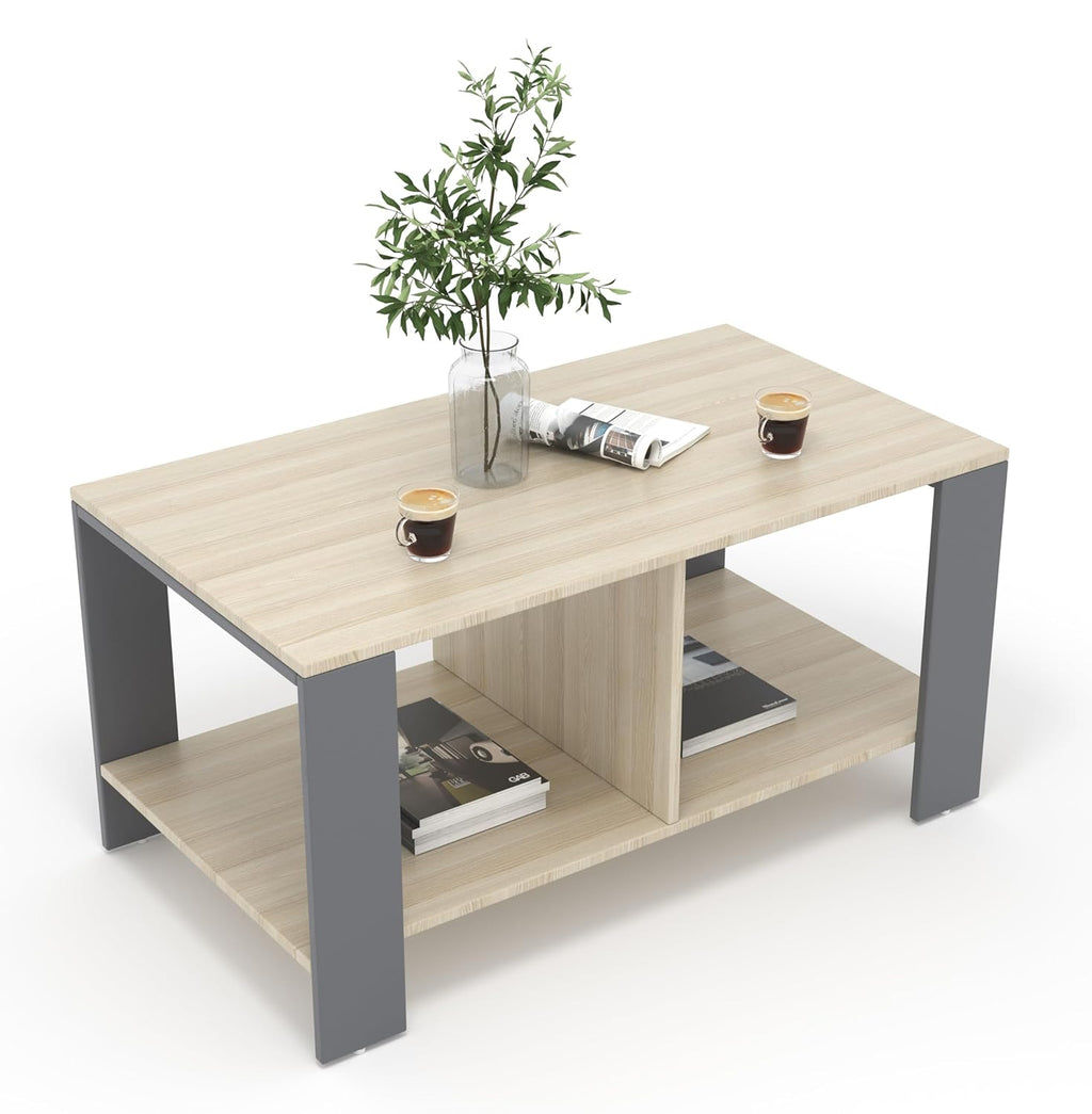 Mivo Coffee Table with Dual Shelf – Acacia Light Grey