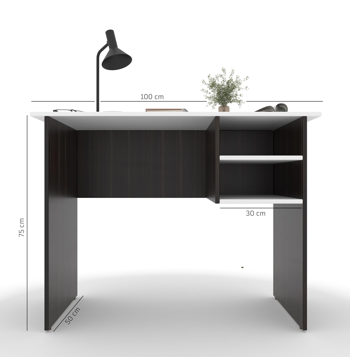 Study Desk with Open Storage – Teak Walnut & White