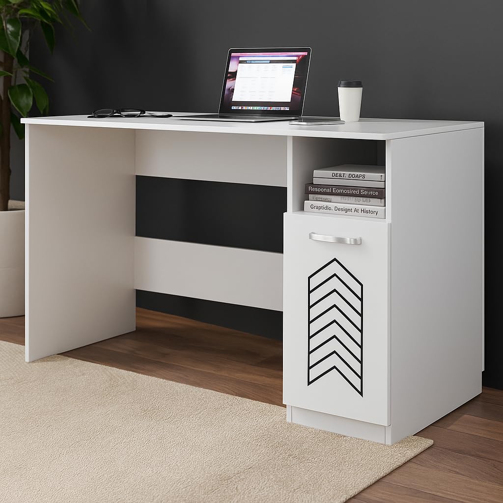 Study Table with Cabinet & Shelf – Everest White