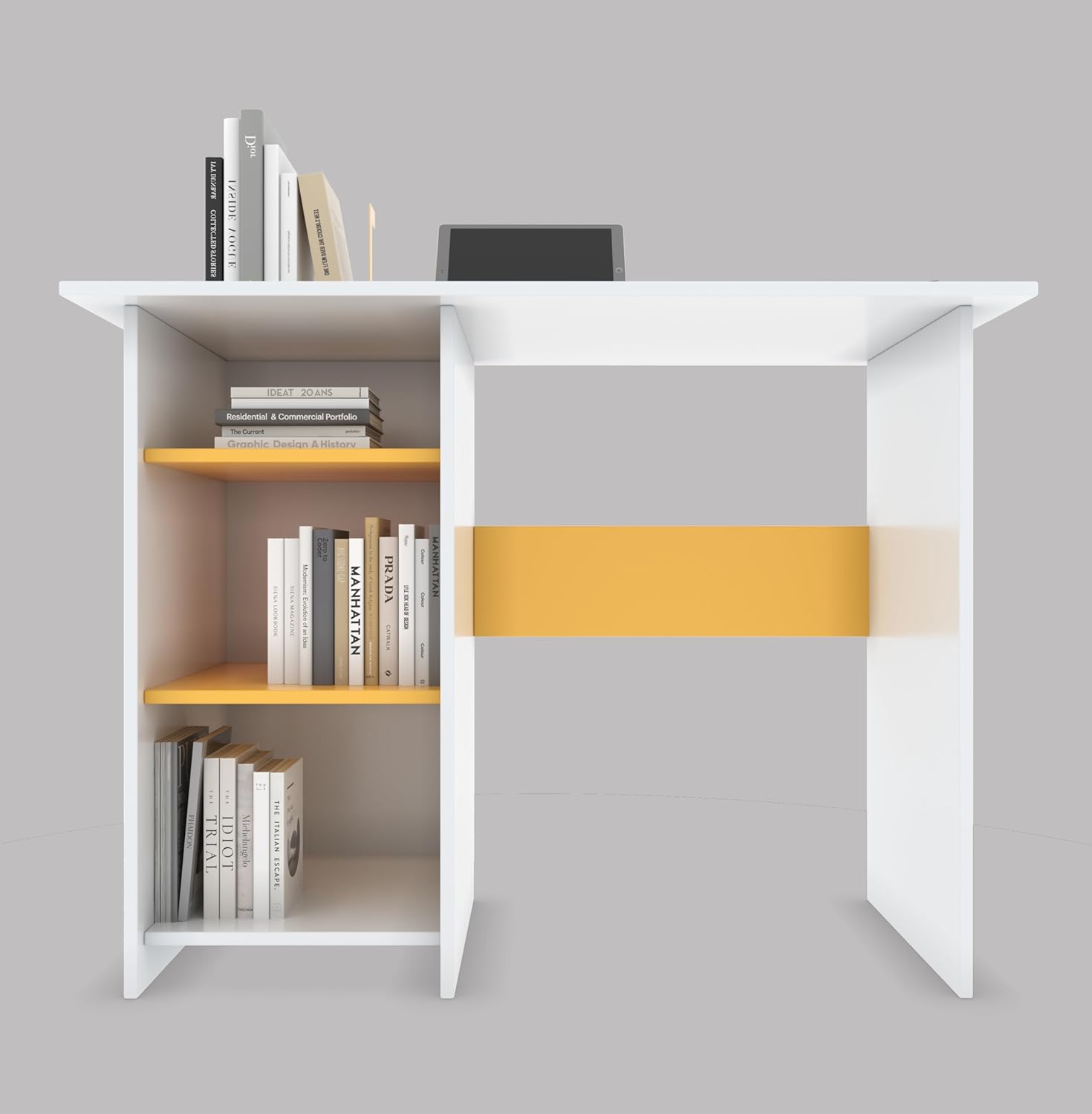 Study Table with 3 Side Shelves – White & Yellow