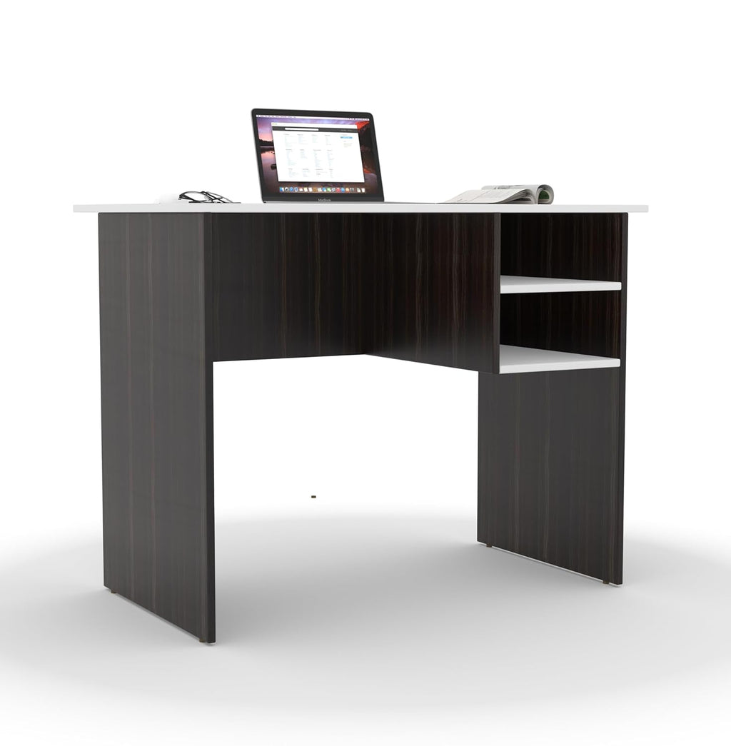 Study Desk with Open Storage – Teak Walnut & White