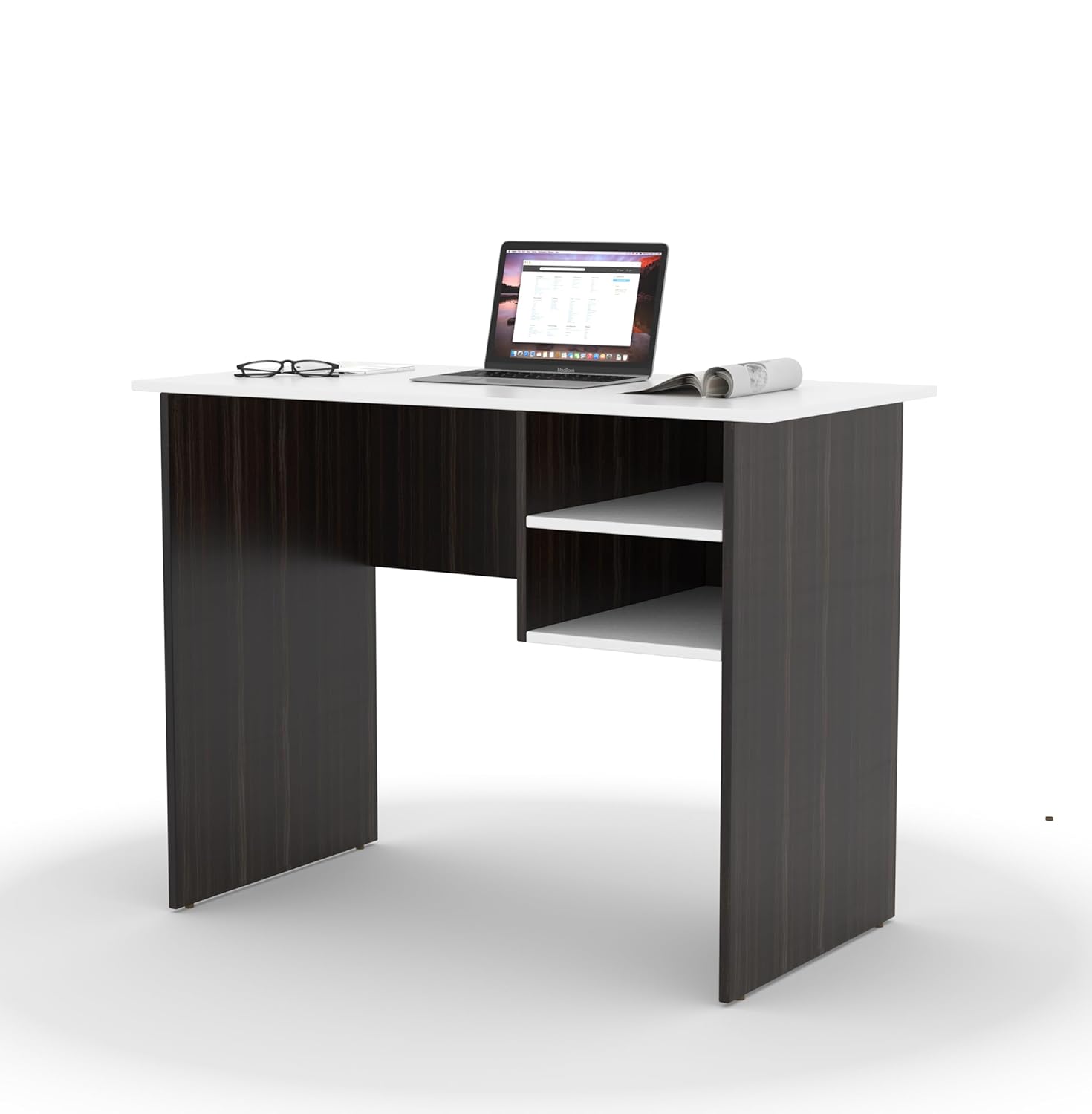 Study Desk with Open Storage – Teak Walnut & White