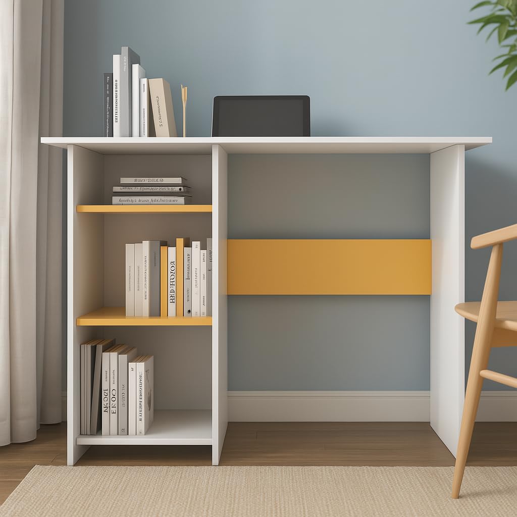 Study Table with 3 Side Shelves – White & Yellow