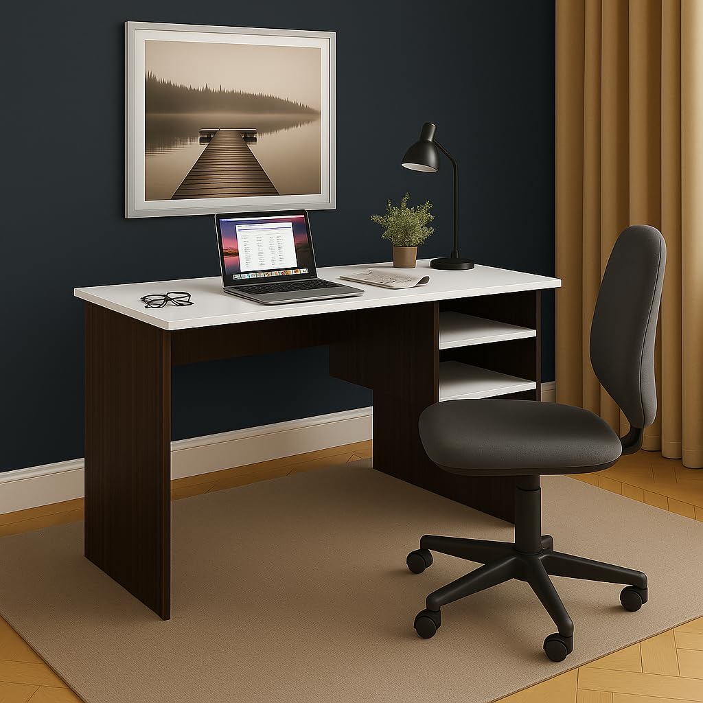 Study Desk with Open Storage – Teak Walnut & White