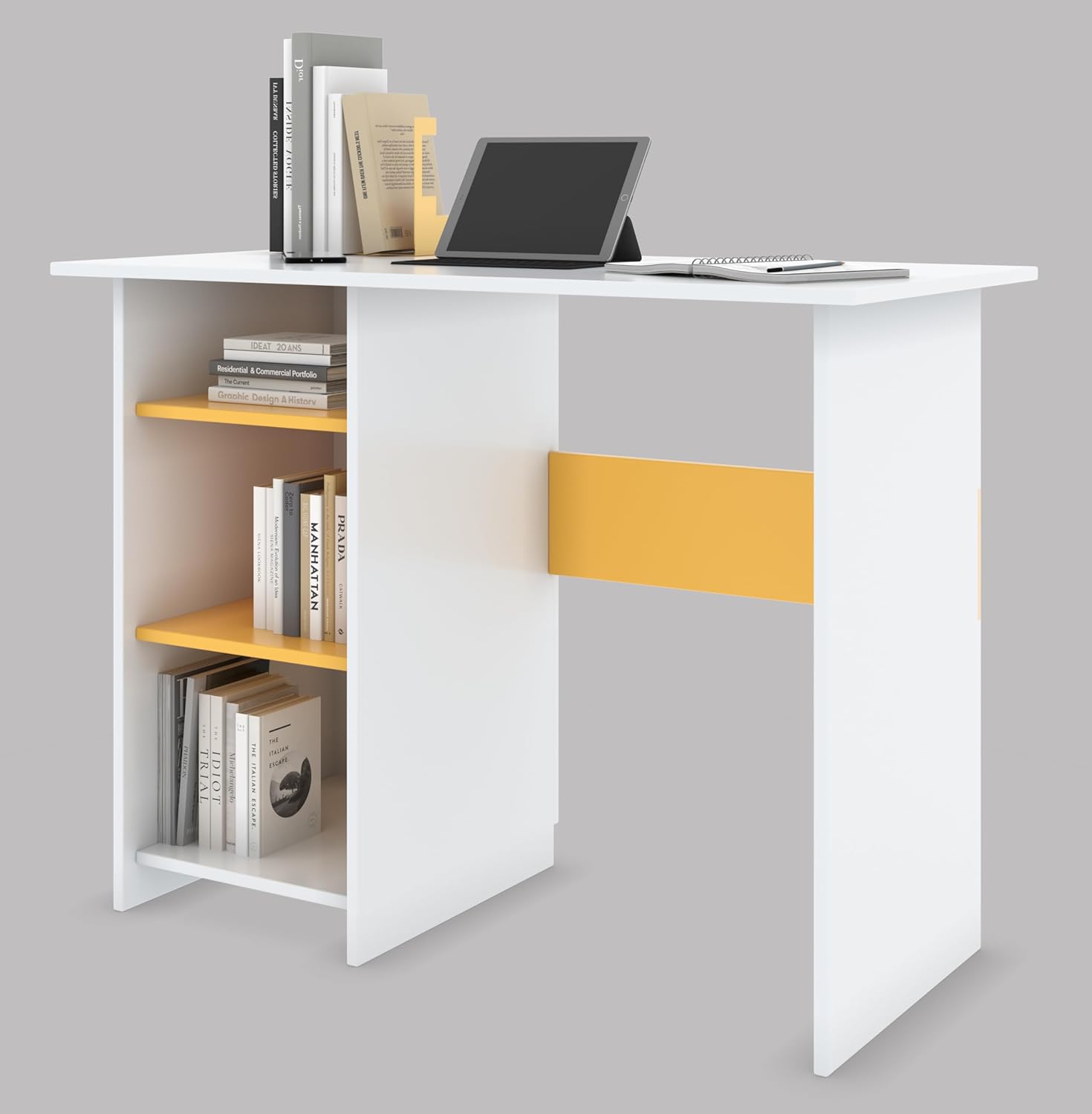 Study Table with 3 Side Shelves – White & Yellow