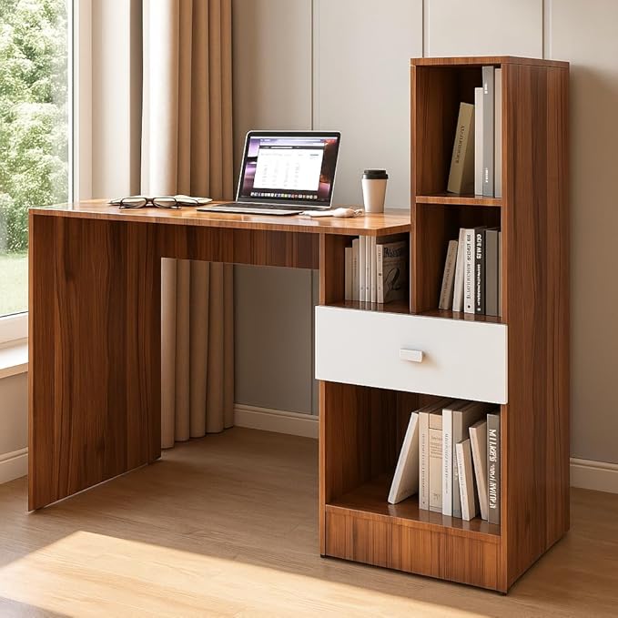 Study Desk with Shelves & Drawer – Walnut & White
