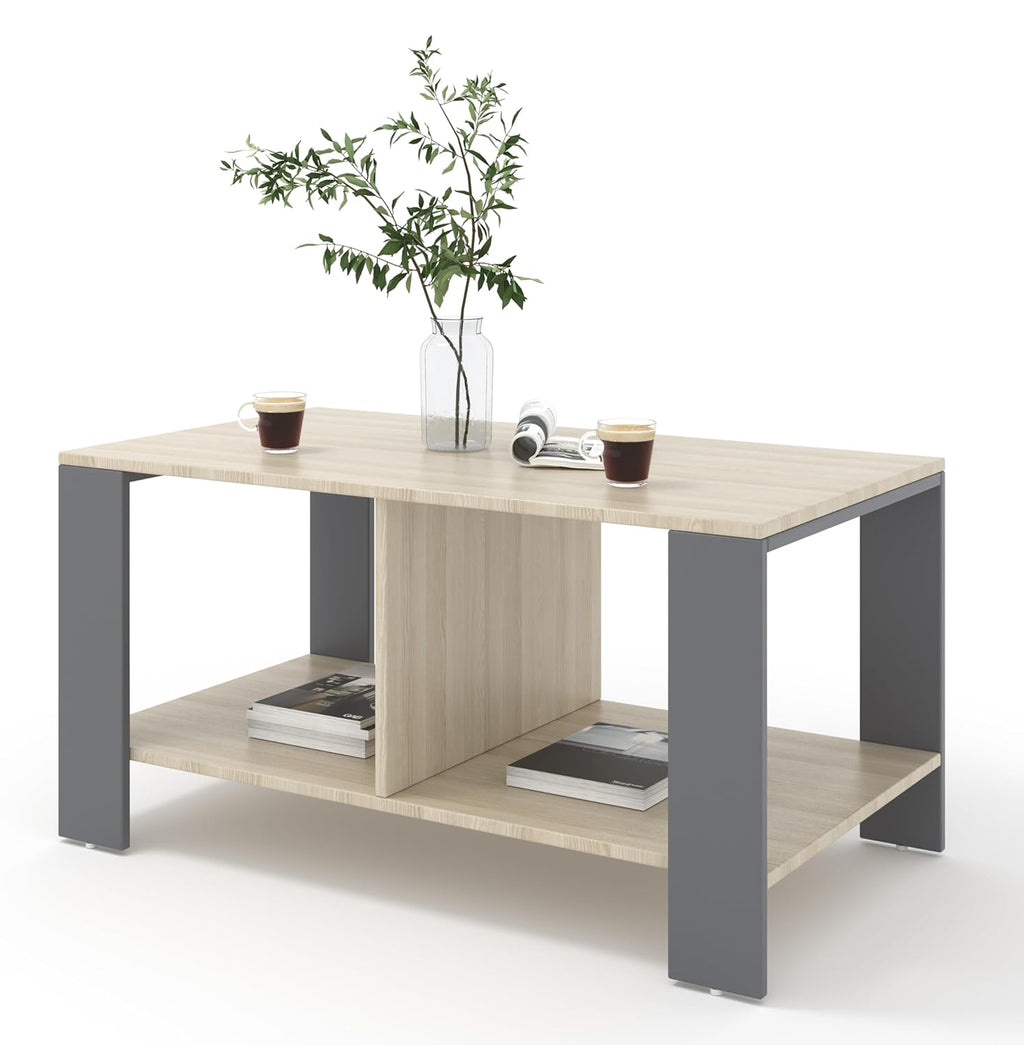 Mivo Coffee Table with Dual Shelf – Acacia Light Grey