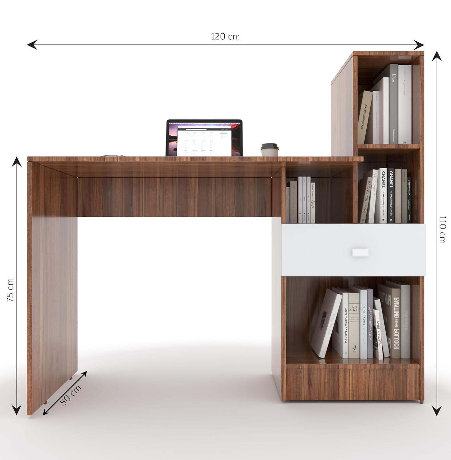 Study Desk with Shelves & Drawer – Walnut & White