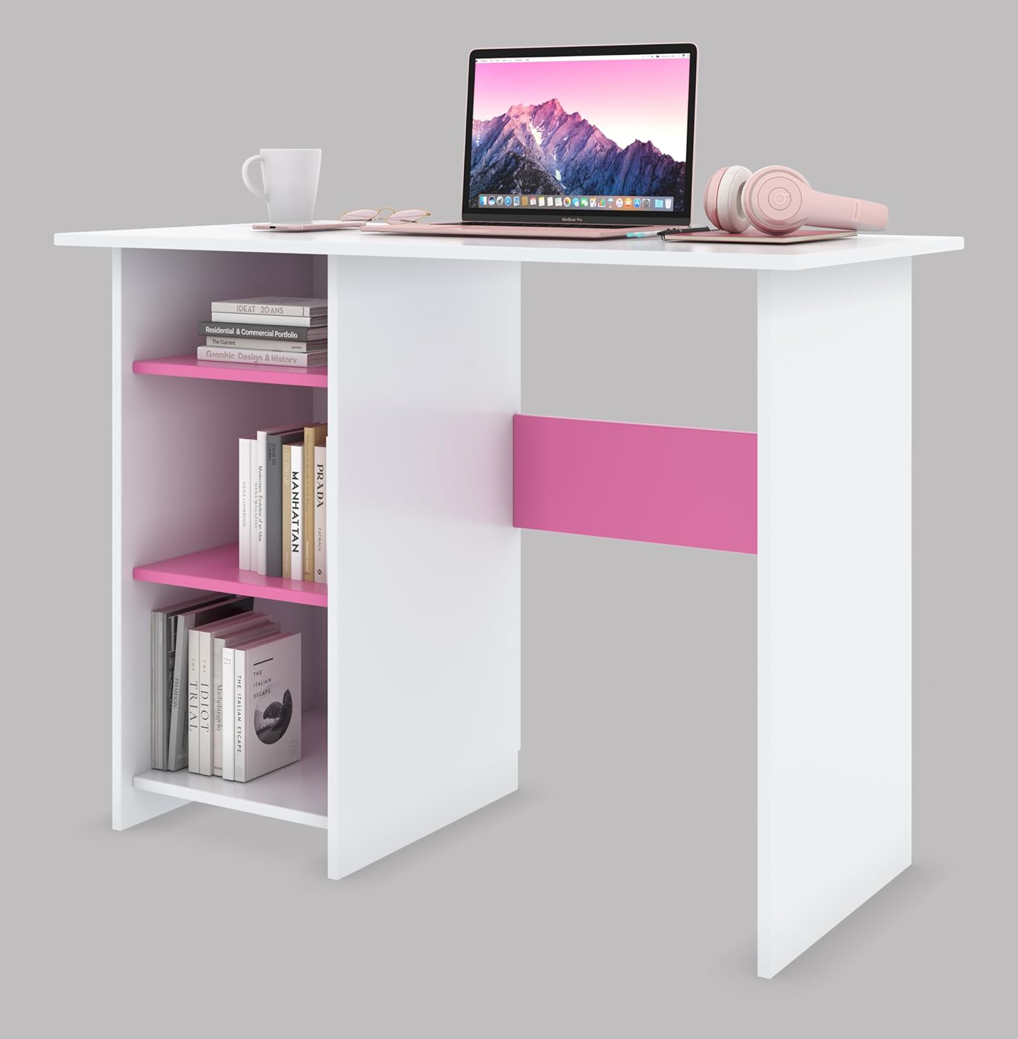 Kids Study Table with 3 Open Shelves – White & Pink