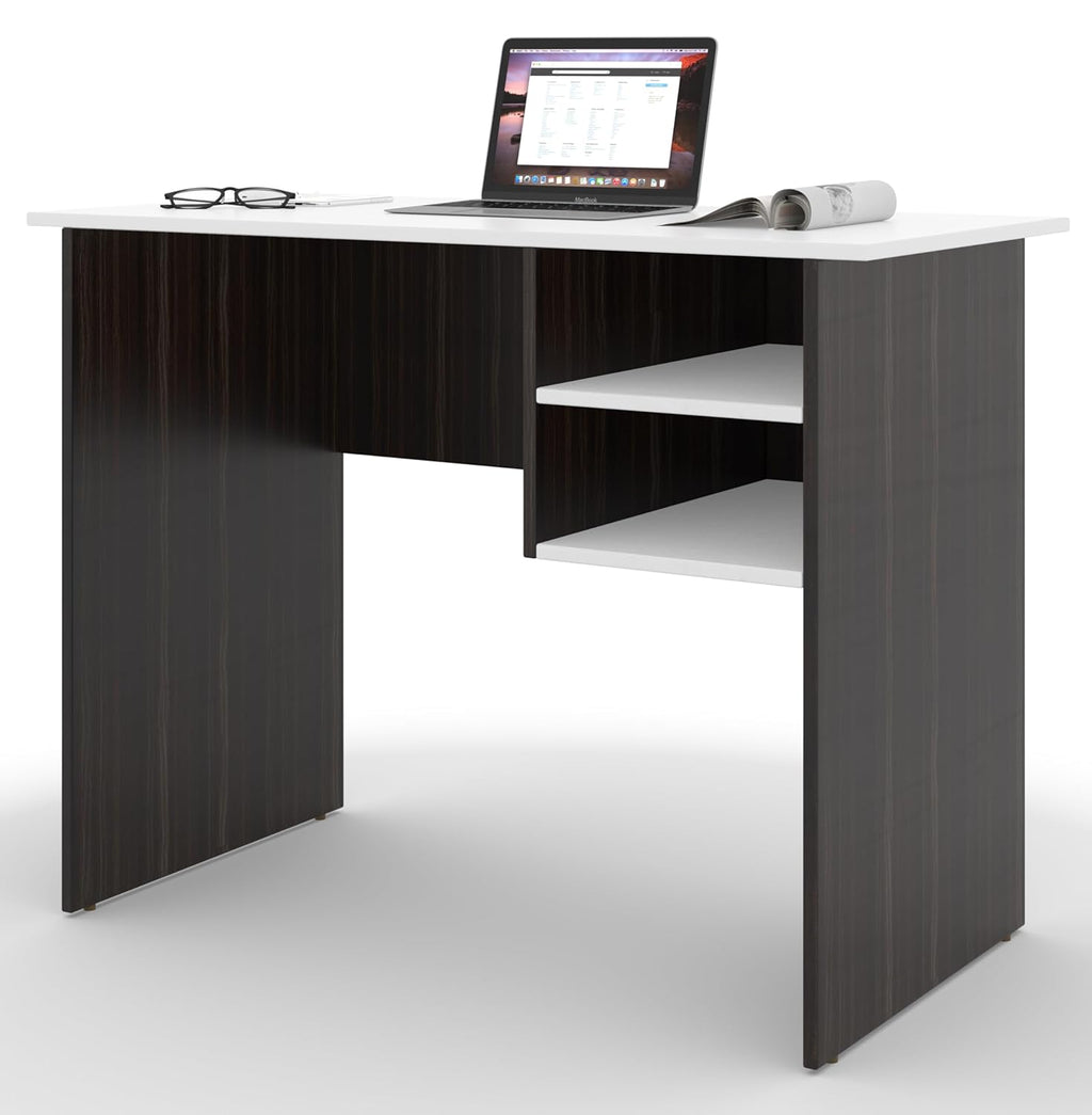 Study Desk with Open Storage – Teak Walnut & White