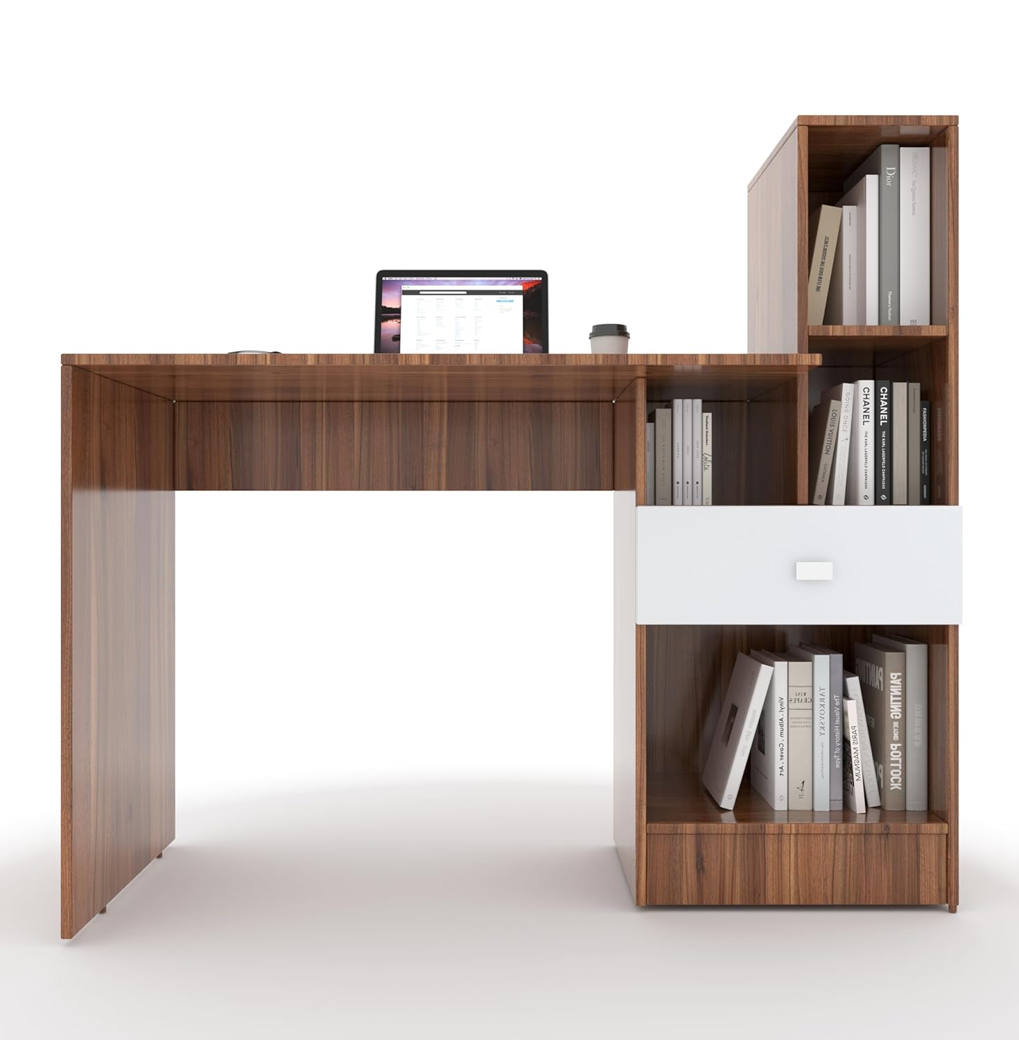 Study Desk with Shelves & Drawer – Walnut & White
