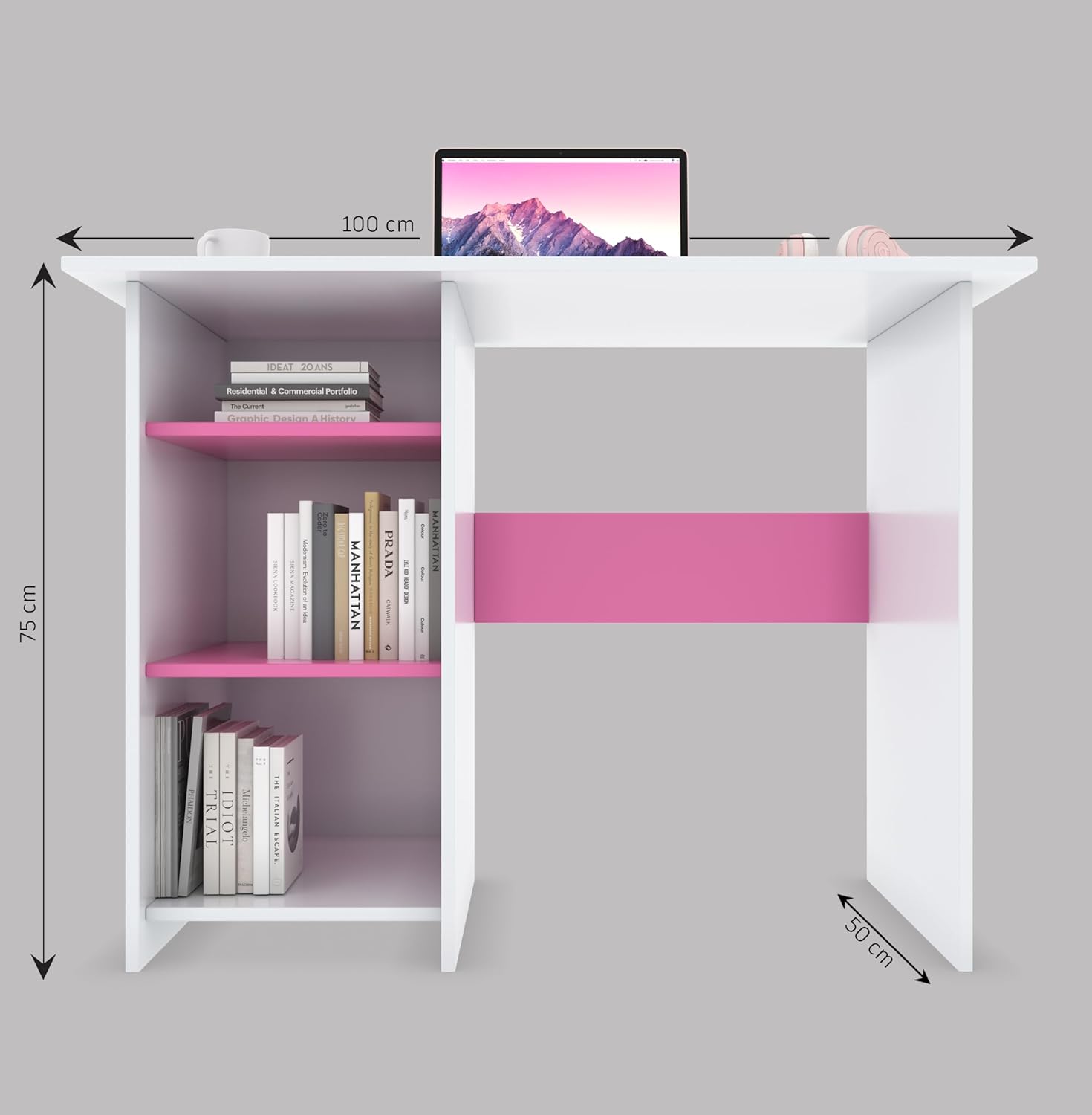 Kids Study Table with 3 Open Shelves – White & Pink