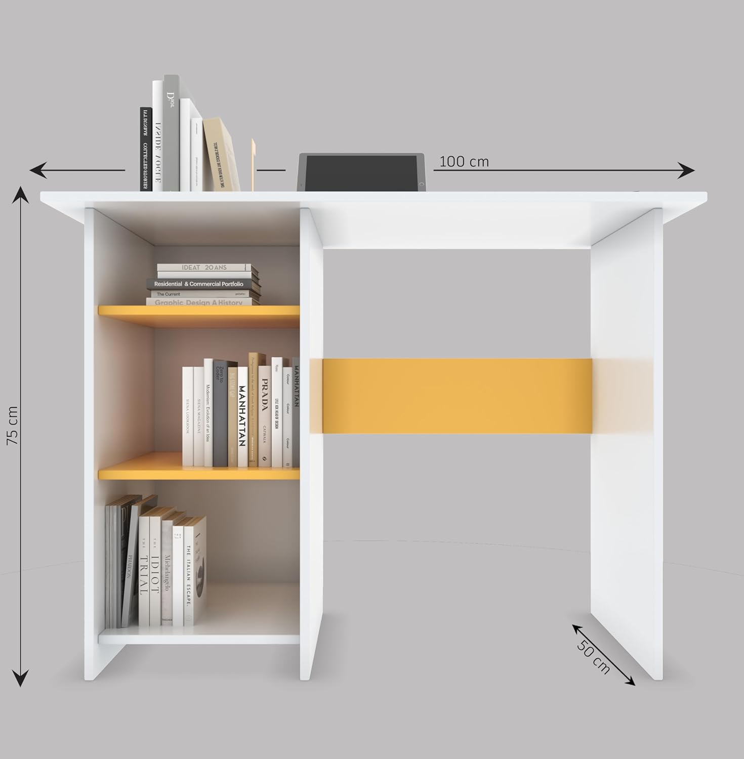 Study Table with 3 Side Shelves – White & Yellow