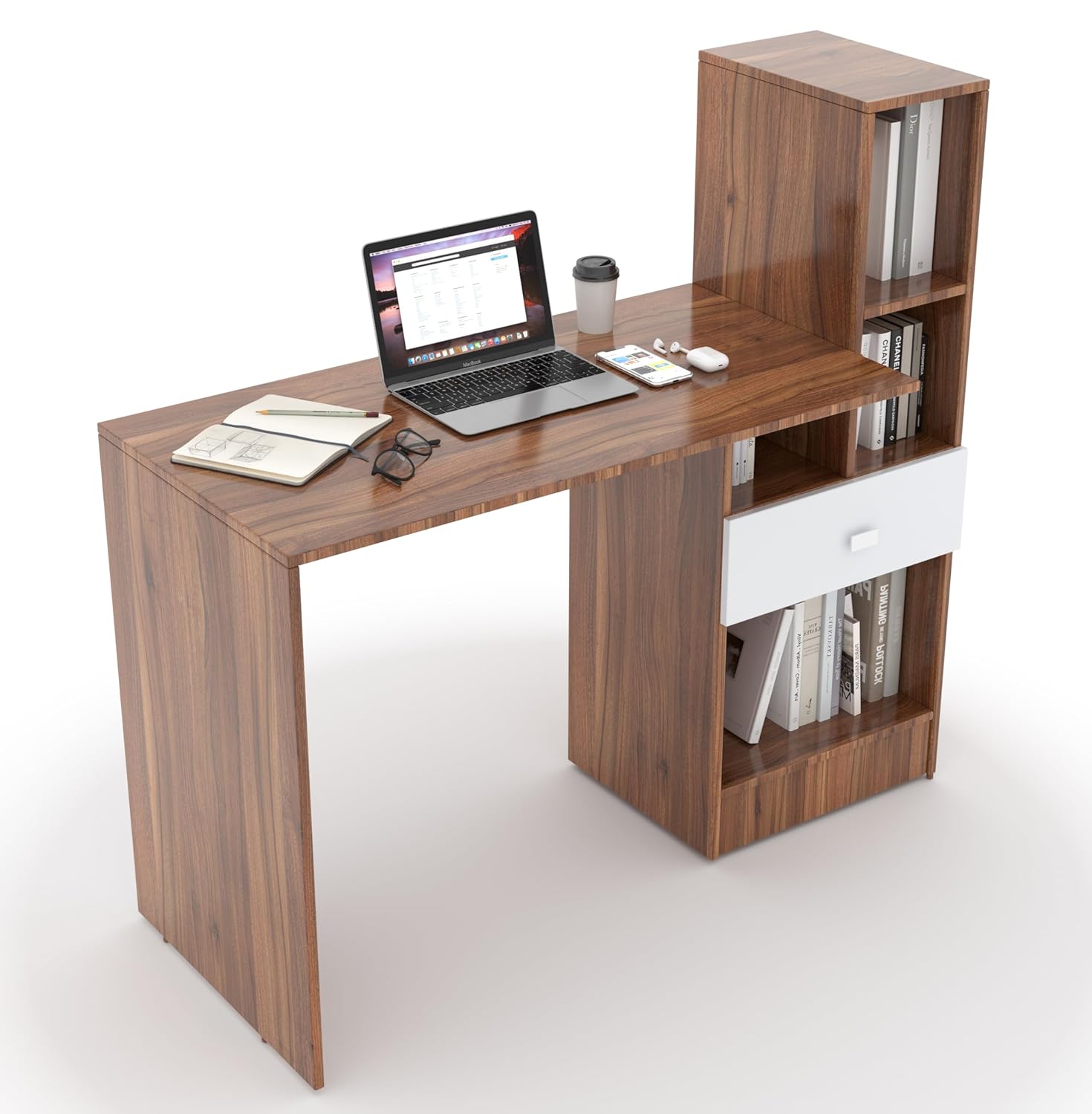 Study Desk with Shelves & Drawer – Walnut & White