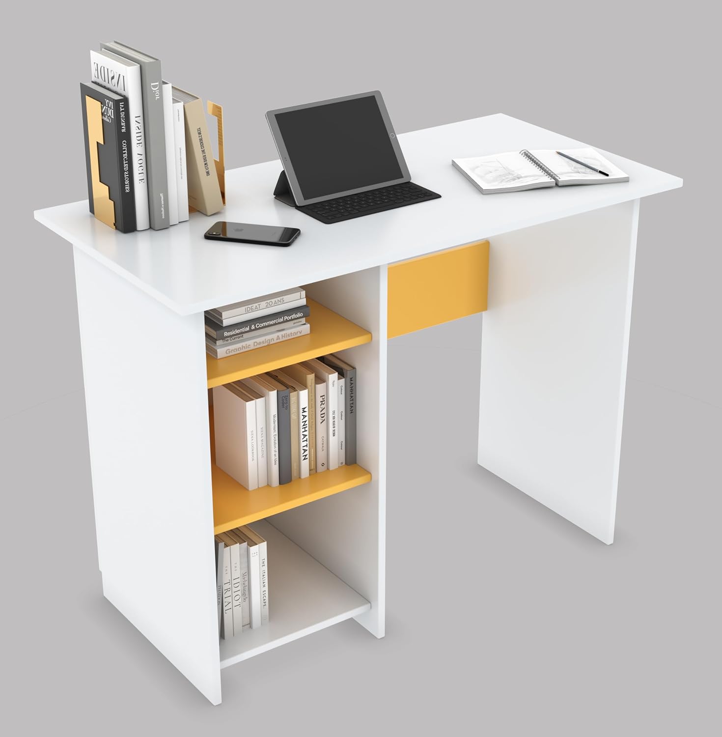 Study Table with 3 Side Shelves – White & Yellow