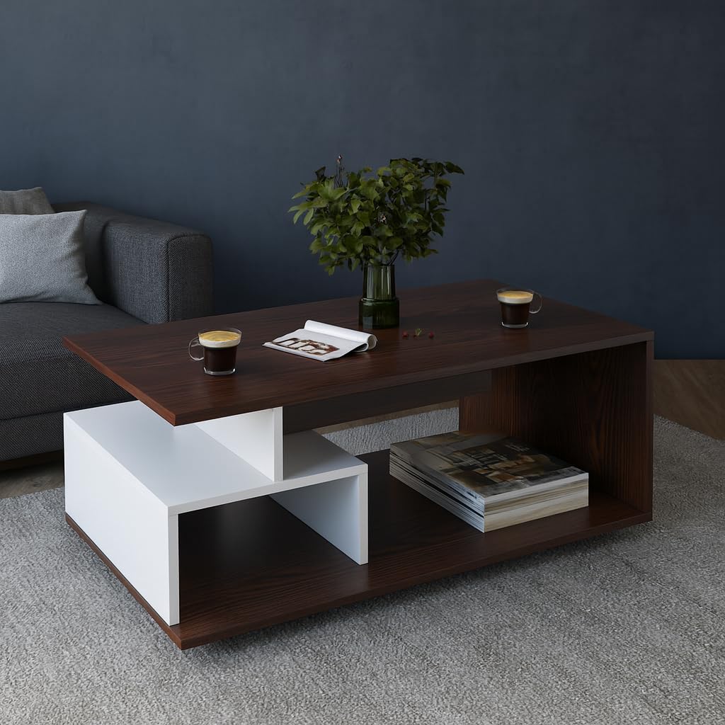Modern coffee table with storage compartments in a living room setting.