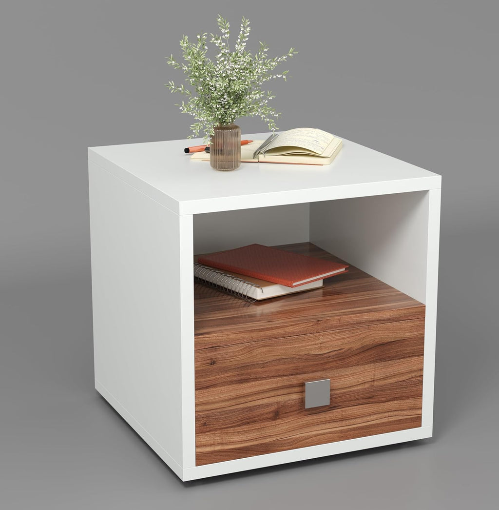 40x40x40CM Engineered Wood Larno Bedside Table with Open Shelf & Spacious Drawer
