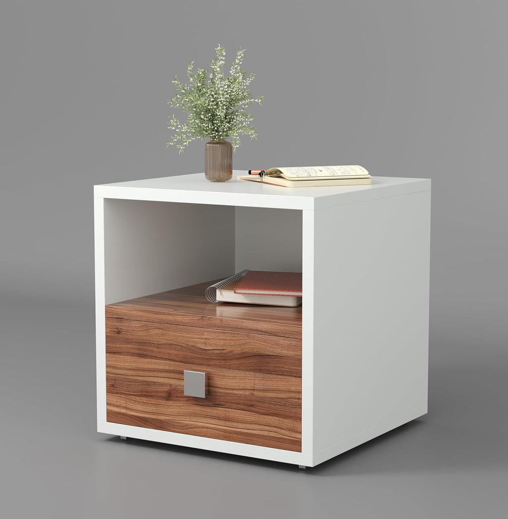 40x40x40CM Engineered Wood Larno Bedside Table with Open Shelf & Spacious Drawer