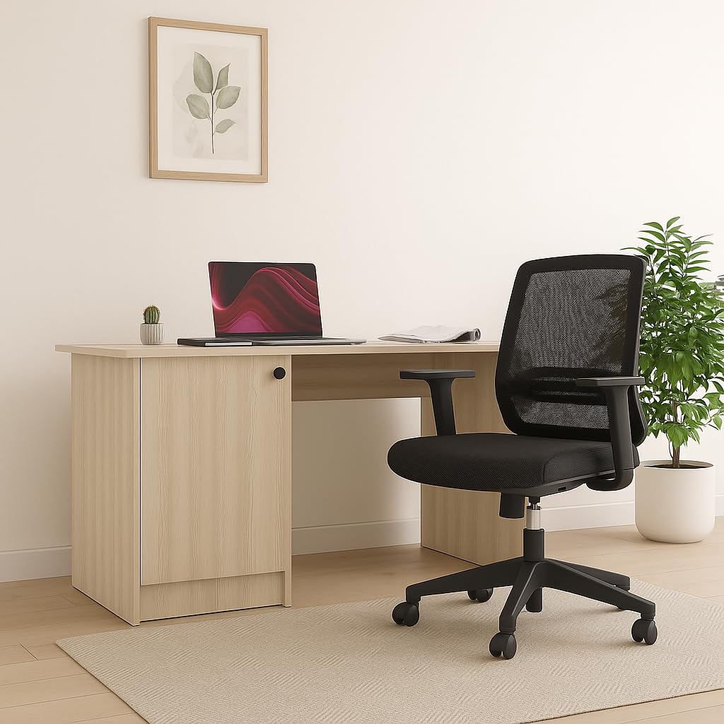 55*120*75 CM Engineered Wood Office Desk with Closed Cabinet & Storage Shelves